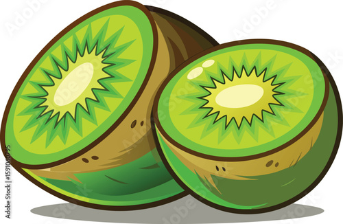 Cartoon Kiwi Fruit Illustration with Halved Sections Showing Juicy Green Interior