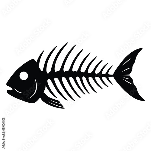 A stark fish skeleton with intricate bone structure is isolated on white background, a symbol of mortality