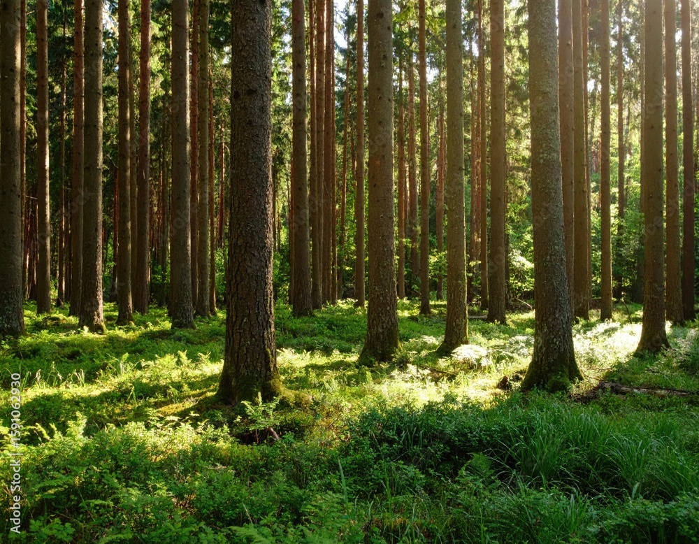 Naklejka premium Sunlight filtering through a dense forest (5)
