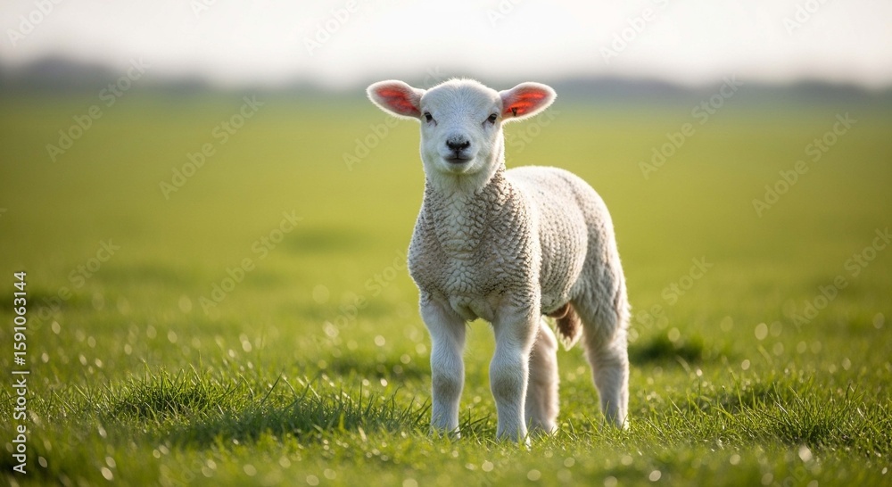 Fototapeta premium An adorable white lamb stands alone in a lush green field, backlit by the sun.