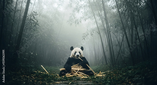 A panda bear sitting in a bamboo forest eating bamboo shoots on a foggy day in the wilderness - ai generated