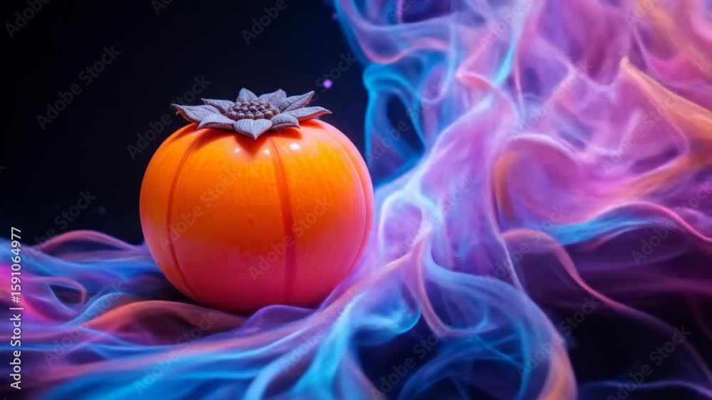Abstract Artwork of Orange Fruit Surrounded by Vibrant Blue and Pink Smoke Patterns