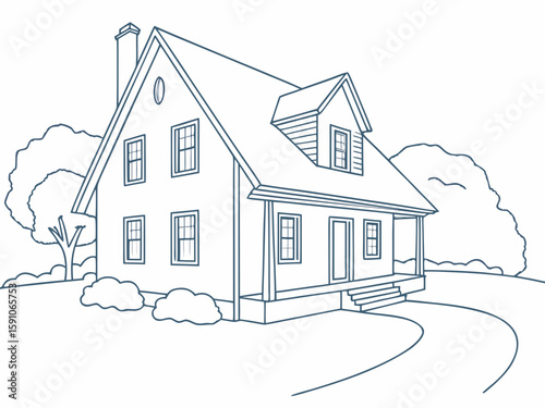 Country-style home rendered in minimalist one-line drawing, reflecting peaceful suburban living, modern flat illustration style