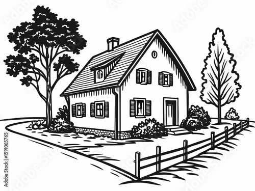 Country house in linear black drawing, simple yet detailed design representing homestead living, modern flat illustration style