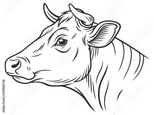 Cow head sketch in black line, detailed yet minimal, representing farming, livestock, and rural life, modern flat illustration style