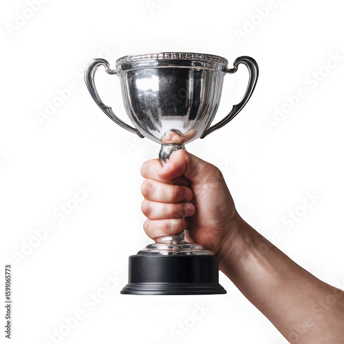 Hand holding a silver trophy isolated on transparent background