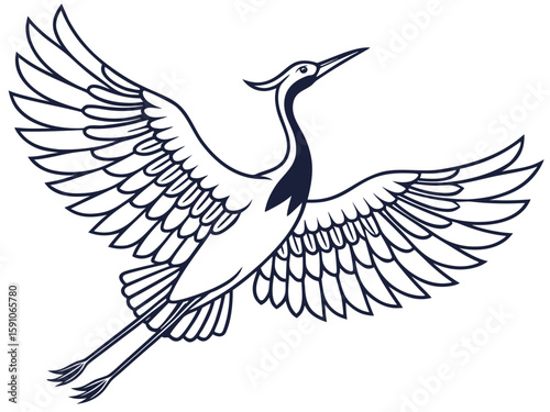 Crane bird engraved in Japanese and Chinese style with precise lines and feather detail, symbolizing longevity, modern flat illustration style.
