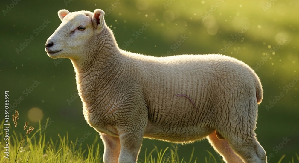Obraz premium A light-colored sheep stands in a grassy field bathed in golden sunlight.