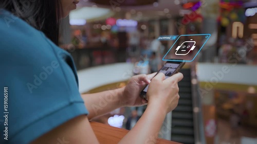 Woman using AI shopping assistant on smartphone with futuristic AR interface, searching best deals in mall