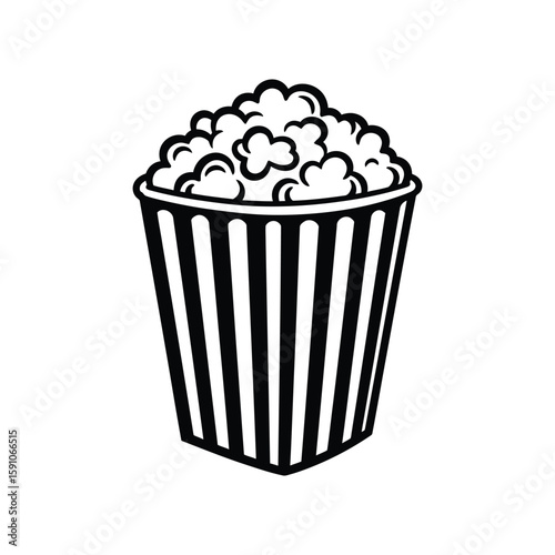 A black and white striped bucket filled with fluffy popcorn is isolated on white background, ready for a cinematic experience