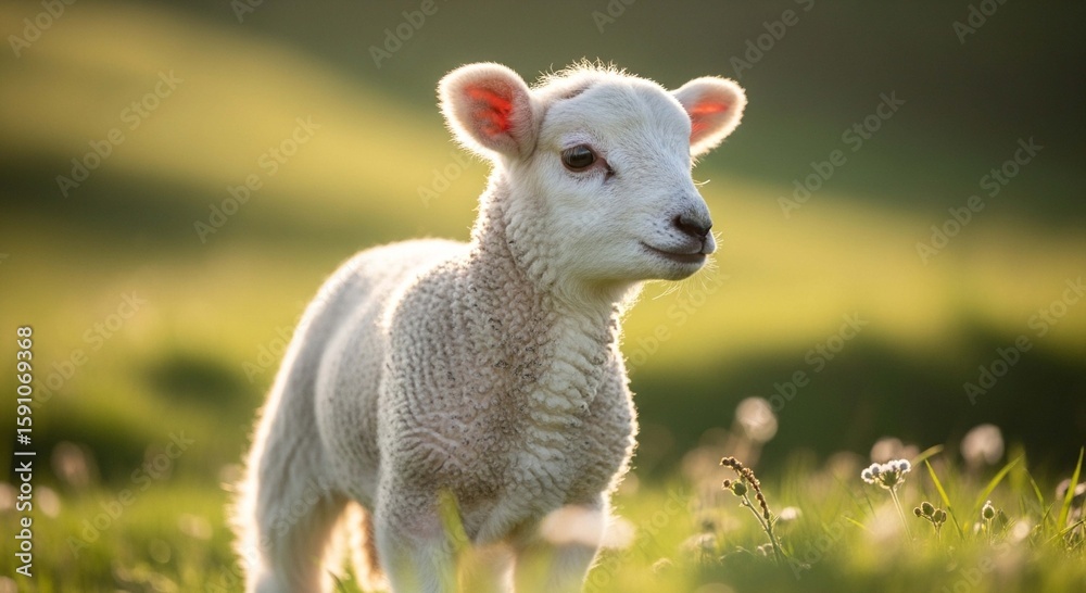 Obraz premium A fluffy white lamb stands in a grassy field bathed in golden sunlight.