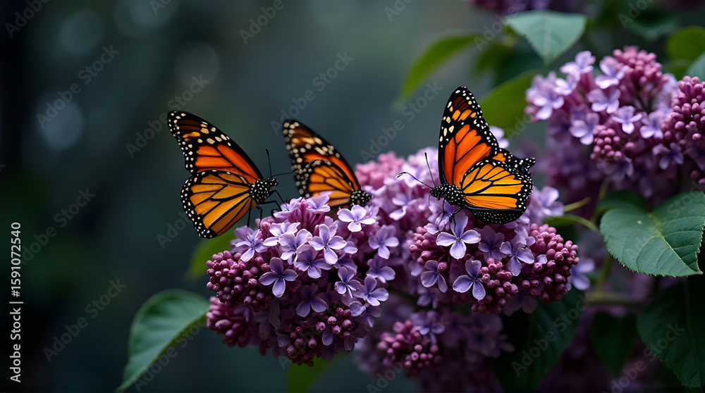 Naklejka premium Monarch butterflies on purple lilac flowers in a garden scene