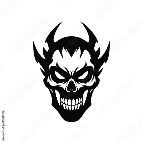 A terrifying devil skull with flames, isolated on white background, represents the embodiment of evil and destruction