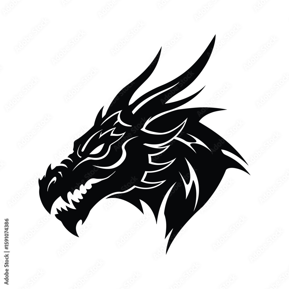 Obraz premium A black silhouette of a dragon head with sharp horns and teeth, isolated on white background