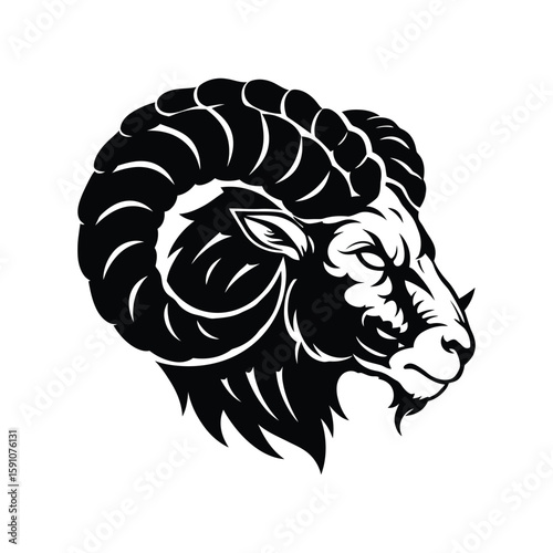 A formidable ram head with curved horns is depicted in a detailed black and white vector design, isolated on white background