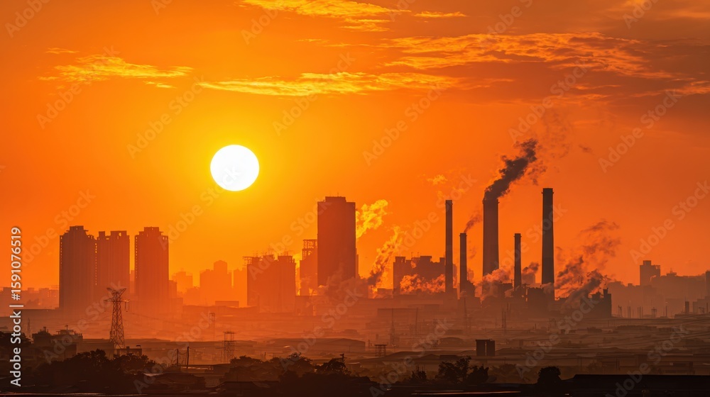 Fototapeta premium A vibrant orange sunset over an industrial cityscape with smoke rising from factory chimneys, highlighting urban development and environmental impact.