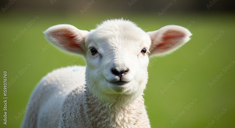 Obraz premium Adorable white lamb stares directly at the camera in a sunlit pasture.