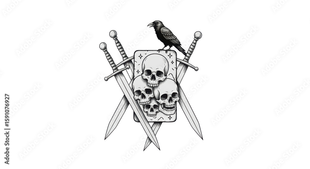 Fototapeta premium Dark Gothic Emblem Featuring Skulls Swords and Crow on Transparent Background
