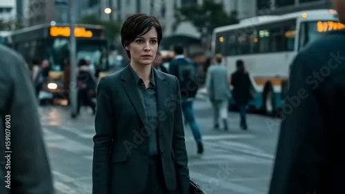 Professional woman in business attire holding a document while navigating a busy urban street