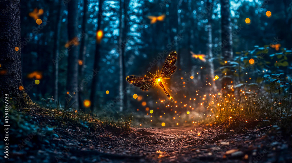 Fototapeta premium In a mystical forest bathed in moonlight, a radiant firefly flits gracefully among blurred trees, illuminating the darkness with its magical glow and surrounded by shimmering sparkles
