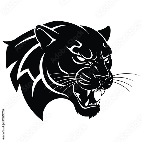 A fierce black panther head with bared fangs is isolated on white background, showcasing its predatory nature and powerful presence