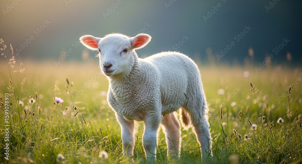 Fototapeta premium A fluffy white lamb stands in a grassy meadow, bathed in the warm glow of sunlight.