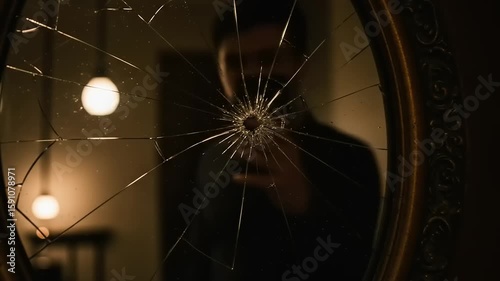 Reflection of a person holding a phone in a cracked mirror, with dimly lit room ambiance