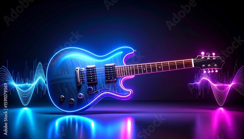 Neon electric guitar in dark studio