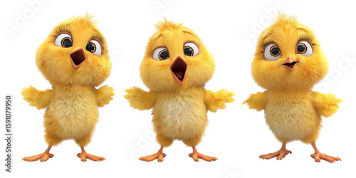 Three yellow animated chicks standing