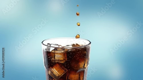 Refreshing glass of cola with ice cubes, a splash of soda, and a bright blue background