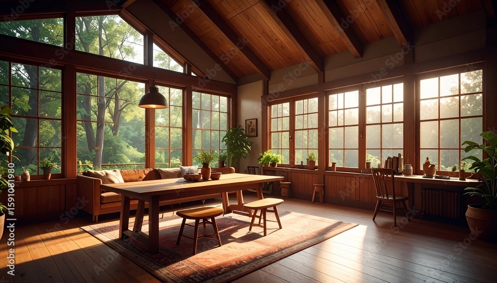 Obraz premium Sunlit Wooden Cabin Interior with Panoramic Windows