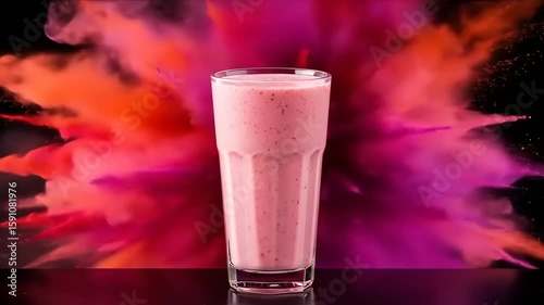 Refreshing pink smoothie in a tall glass with vibrant color explosion in the background