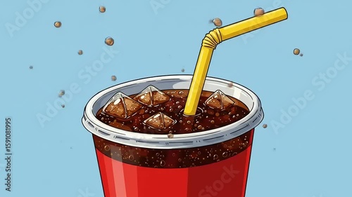 Refreshing soda drink in a red cup with ice cubes and a straw against a blue background