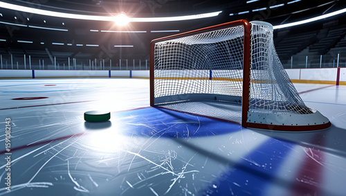 3D rendered illustration of a hockey ice rink and goal