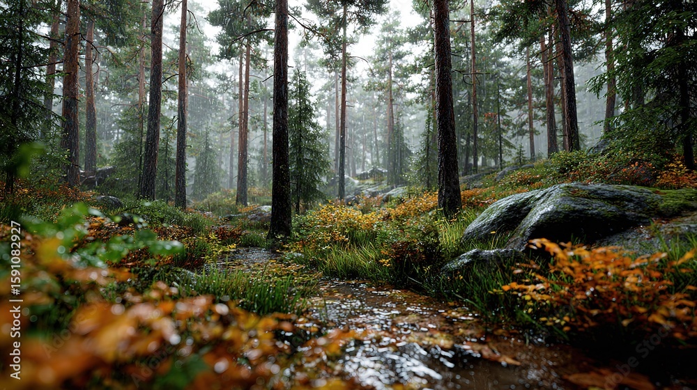 Fototapeta premium rainy day in dense pine forest with moss covered rocks and autumn foliage