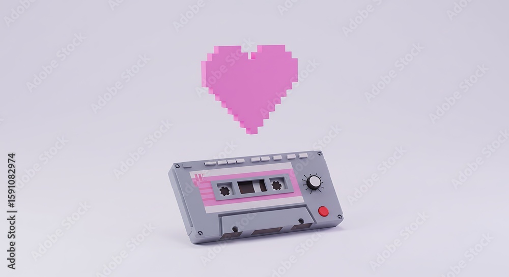 Fototapeta premium Pixel heart and cassette tape illustration