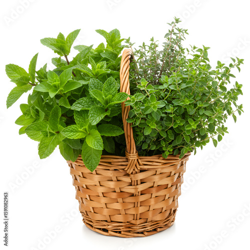 Fresh herbs in a beautiful wicker  basket on white background