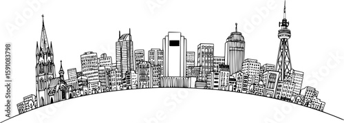 Panoramic cityscape monochrome drawing. Vector illustration, EPS version.