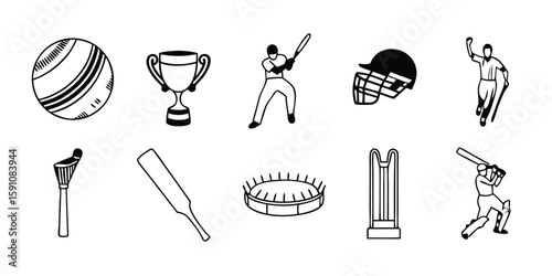Cricket Equipment and Player Silhouettes in Black and White Vector Illustration on transparent background