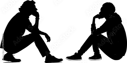 Contemplative Individuals Sitting Silhouettes: Thought and Worry