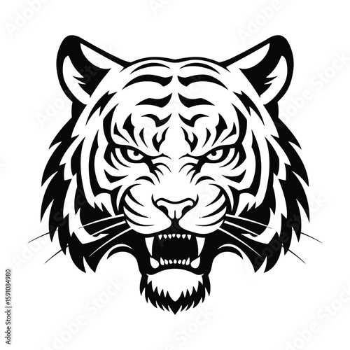 A striking tiger head with an open mouth is isolated on white background, displaying its formidable presence and wild nature