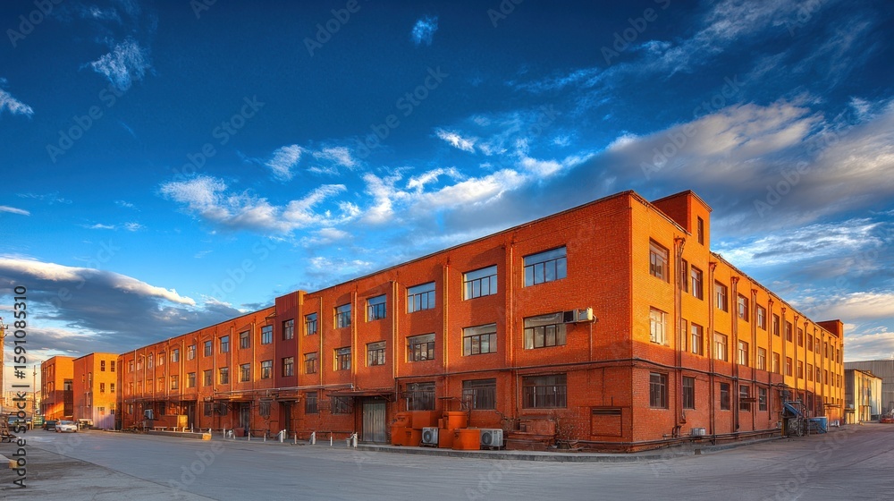 Fototapeta premium Large industrial brick building under blue sky