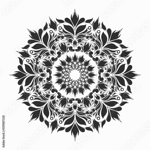 Create a mandala using flame and droplet icons blended in circular flow, solid black only