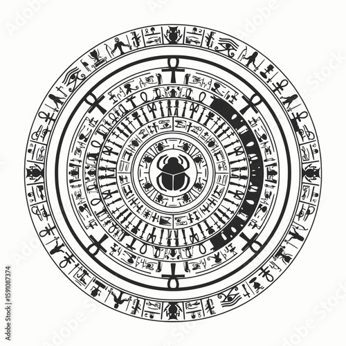 Mandala with ancient Egyptian symbols arranged in radiating rings, solid black fill on white