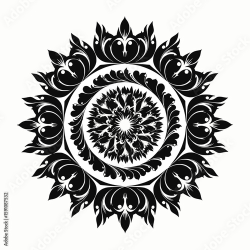 Create a mandala using flame and droplet icons blended in circular flow,solid black only