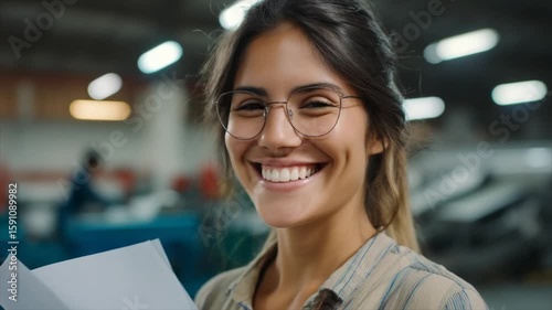 A happy Latin woman with glasses, smiling and holding papers in her hand
