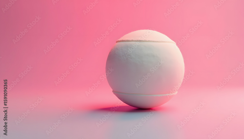 Fototapeta premium A single, pristine white tennis ball rests on a pale surface against a soft pink background.