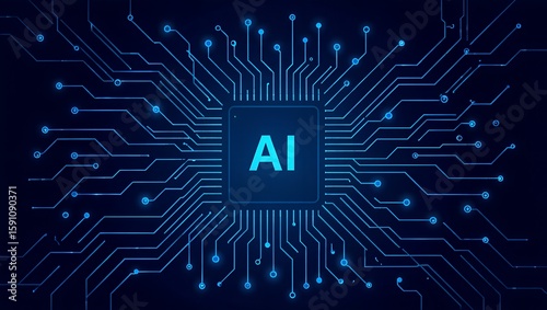 AI Circuit Board: A captivating image of a circuit board lit up with the letters AI, symbolizing artificial intelligence and technological innovation, set against a dark blue background