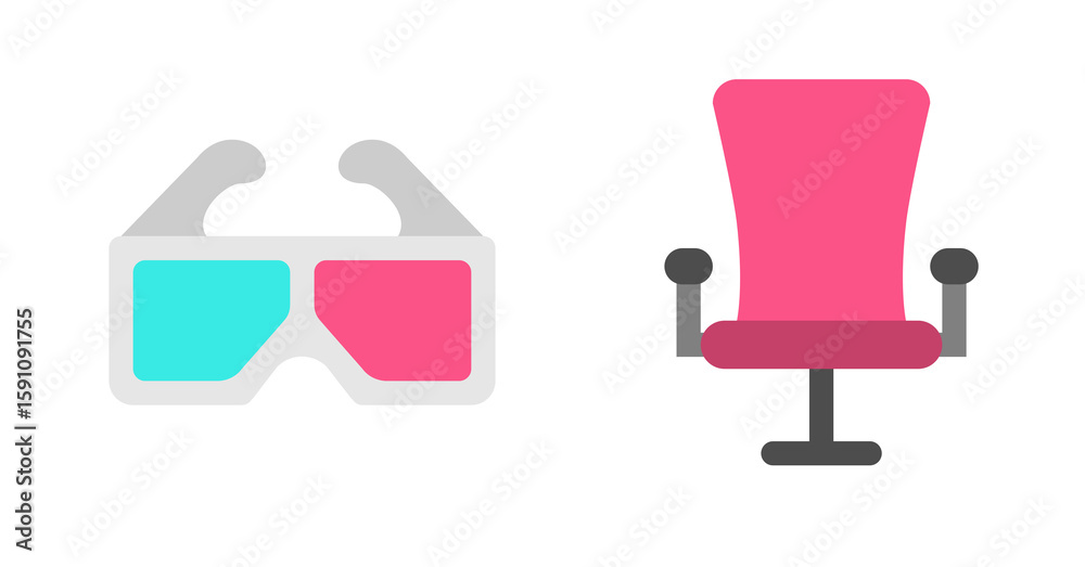 Pink Office Chair and 3D Glasses: Flat Icon Design, Minimalist Style, Entertainment Concept Pink Office Chair and 3D Glasses: Flat Icon Design, Minimalist Style, Entertainment Concept