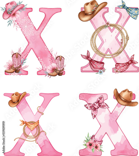 Pink Western Letter X Set - Watercolor Cowgirl Alphabet Art